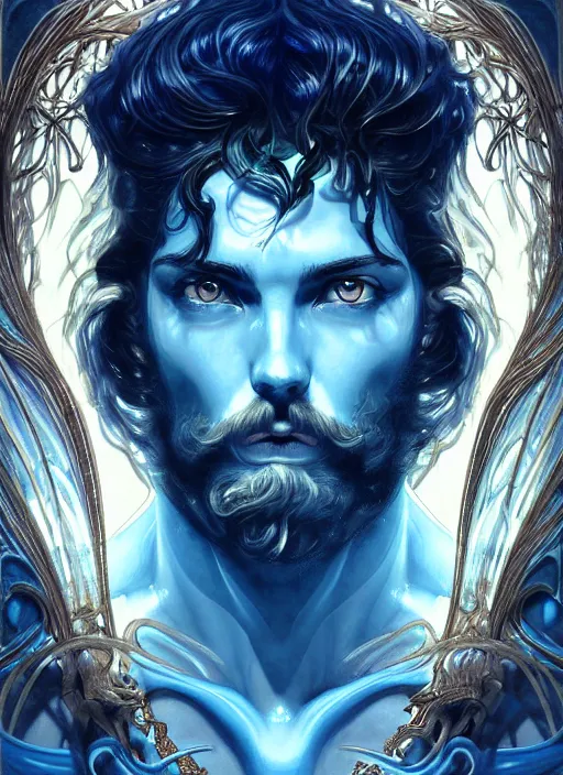 Prompt: the god poseidon, water hair, glowing eyes, volumetric lights, blue and cyan scheme, art nouveau botanicals, gothic, intricate, highly detailed, digital painting, artstation, concept art, smooth, sharp focus, symmetric face, illustration, art by artgerm and greg rutkowski and alphonse mucha