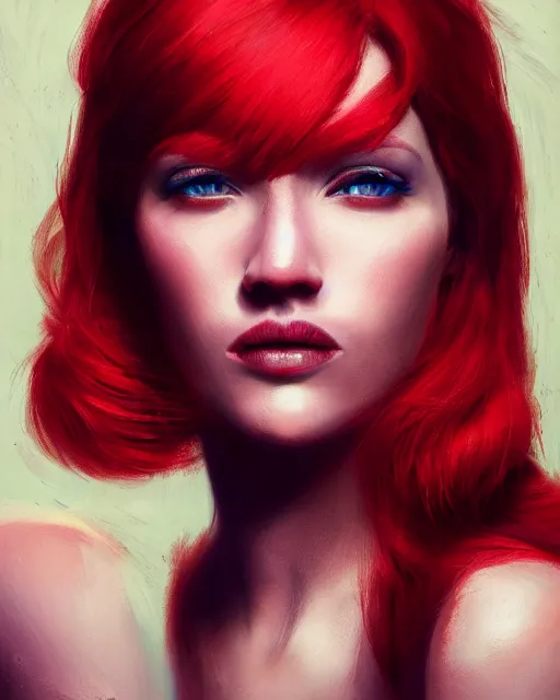 Image similar to a head and shoulder portrait of a beautiful woman with red hair, painted in the colorful style of Kotwdq, trending on Artstation, 8k, photorealistic, hyper detailed, unreal engine