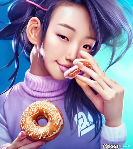 Image similar to ! dream aoi asahina, a tan skinned athletic japanese girl, eats a donut happily, art by stanley lau, artgerm, rossdraws, ross tran, sakimichan, cyarine, beautiful art