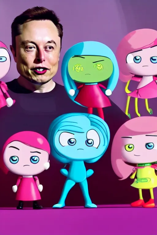 Image similar to 4 k film still, elon musk as the powerpuff girls, 2 6 mm