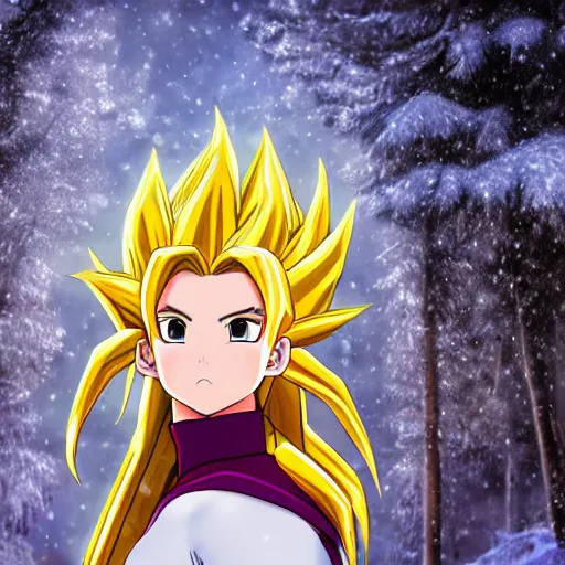 Image similar to portrait focus of super saiyan beautiful 3 d anime girl posing, frozen ice dark forest background, snowing, bokeh, inspired by masami kurumada