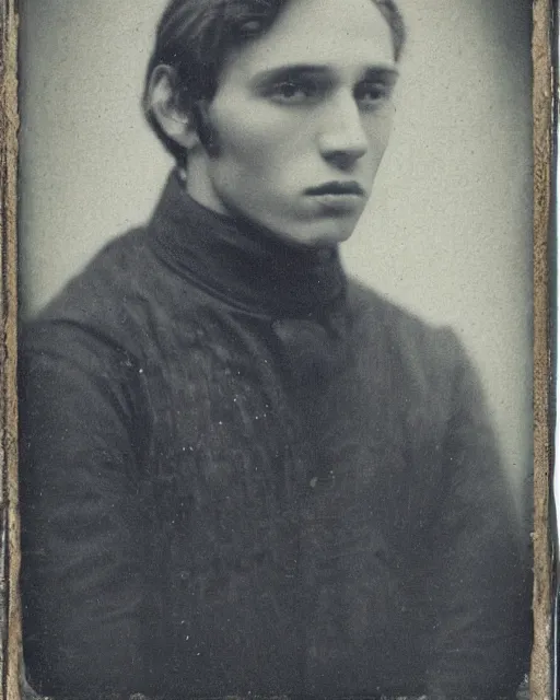 Image similar to tintype photo of alyosha karamazov, handsome innocent young russian man, by julia margaret cameron 1 8 8 0 s, realistic, body shot, sharp focus, 8 k high definition, insanely detailed, intricate, elegant