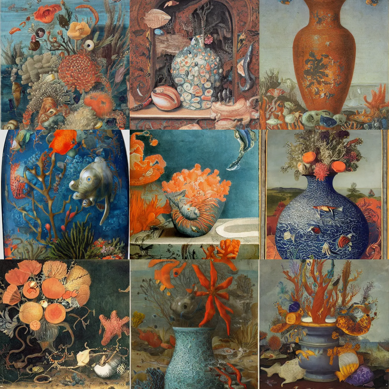 Image similar to bottle vase of coral under the sea decorated with a dense field of stylized scrolls that have opaque outlines enclosing mottled blue washes, with orange shells and purple fishes, Ambrosius Bosschaert the Elder, oil on canvas