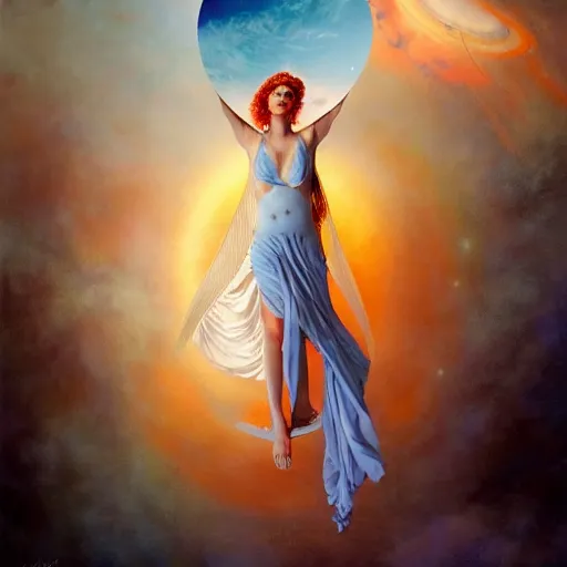 Image similar to full body portrait of beautiful goddess of mars theme inspired wearing blue and white carved details moving dress, she is floating in the air, planet mars in the background, open sky, mystical, orange fog, circle forms, iper realistic, cinematic light, paint on canvas, art by tom bagshaw - - height 7 0 4