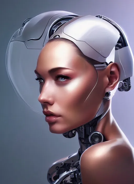 Image similar to portrait of a cyborg woman by Artgerm, (((((face turns left))))) ((face turns right)), eyes closed , biomechanical, hyper detailled, trending on artstation