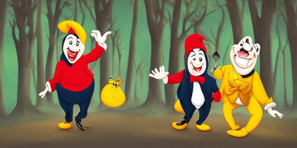 Image similar to tweedle dee and tweedle dum laughing hysterically, night, road between tall trees, dense forest, dark night, moon, in style of disney cartoon