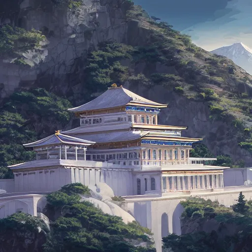 Image similar to concept art painting of a white marble temple on top of a mountain, with greek and japanese architecture, overlooking a valley with a village below, realistic, detailed, cel shaded, in the style of makoto shinkai and greg rutkowski and albert bierstadt and james gurney