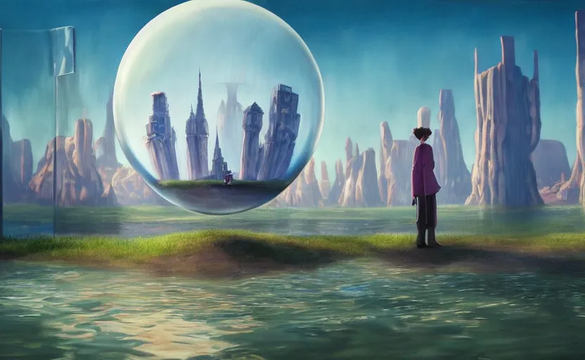 Image similar to a scary hyperrealist painting of new york city inside a giant transparent forcefield crystal ball from howl's moving castle ( 2 0 0 4 ) in a flooded monument valley stonehenge jungle. depth perception, 4 k, artstation, in the style of studio ghibli