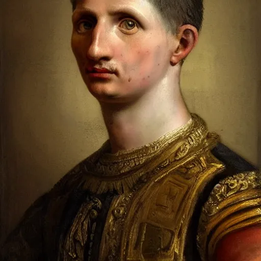 Image similar to A 17th century Baroque Painting of Augustus, portrait of Augustus, grainy, realistic, very realistic, hyperrealistic, highly detailed, very detailed, extremely detailed, very neat, very epic, very cool, detailed, trending on artstation