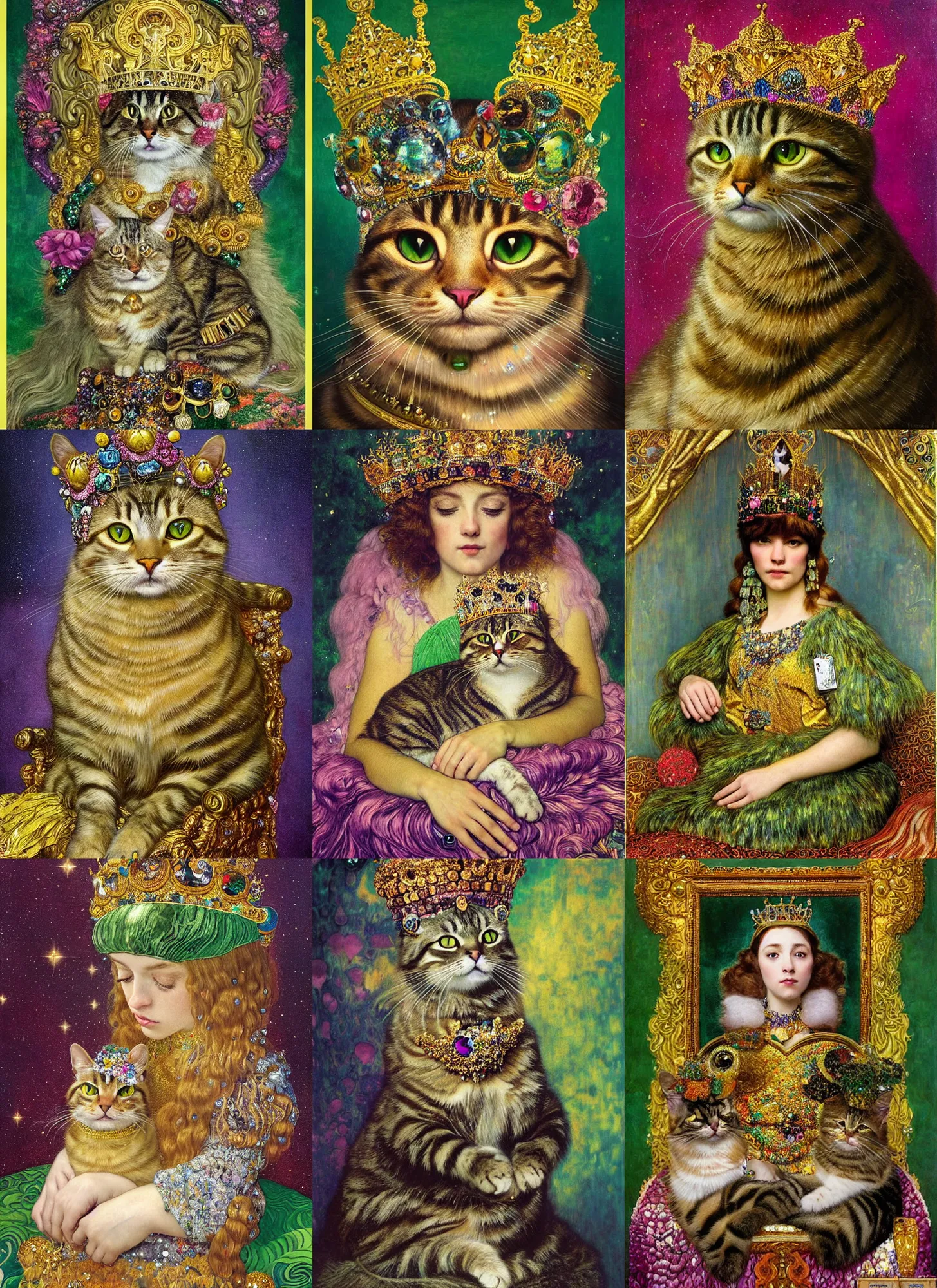 Prompt: “ an majestic portrait of a tabby cat wearing a crown, on a throne of crystals, titian, sam spratt, maxfield parrish, gustav klimt, tom bagshaw, mark ryden, alphonse mucha, high detail, 8 k, intricate ornamental details, vibrant iridescent colors, green magenta and gold ”