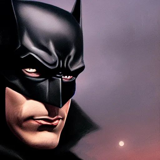 Image similar to closeup portrait of batman, realistic portrait, dramatic lighting, city background, moon, trending on artstation, high detail, chiaroscuro, painted by greg rutkowski and igor kieryluk