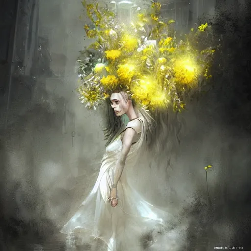 Image similar to a woman in a white dress with yellow flowers on her body, cyberpunk art by bastien lecouffe - deharme, trending on cgsociety, fantasy art, dystopian art, apocalypse art, rococo