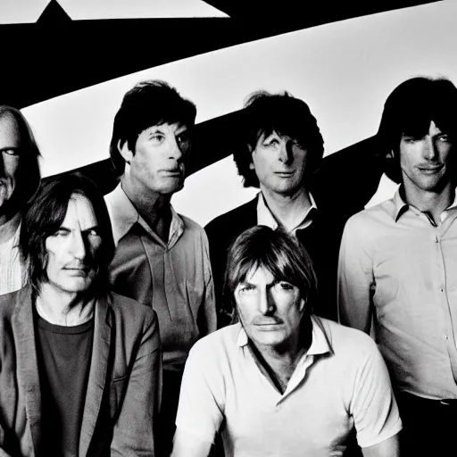 Prompt: group photo of pink floyd by annie leibovitz, b & w, hd, 4 k, detailed, award winning, nikon 5 0 mm lens