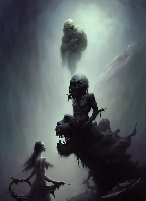 Image similar to shackled in the void of hell, frank frank frazetta and cgsociety, stunning god of sasquatch, charlie bowater and tom bagshaw, insanely detailed, deviantart, space art, atoms surrounded by skulls, death, and spirits deep under the haze smoke, horror, sci - fi, surrealist painting, by peter mohrbacher