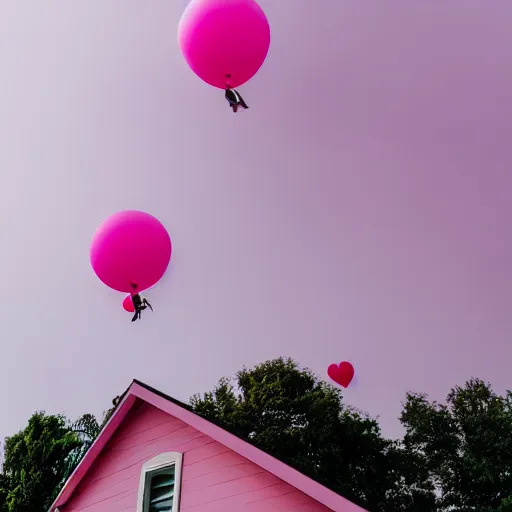 Prompt: a 5 0 mm lens photograph of a cute pink floating modern house, floating in the air between clouds, inspired by the movie up, held up from above by ballons. mist, playful composition canon, nikon, award winning, photo of the year