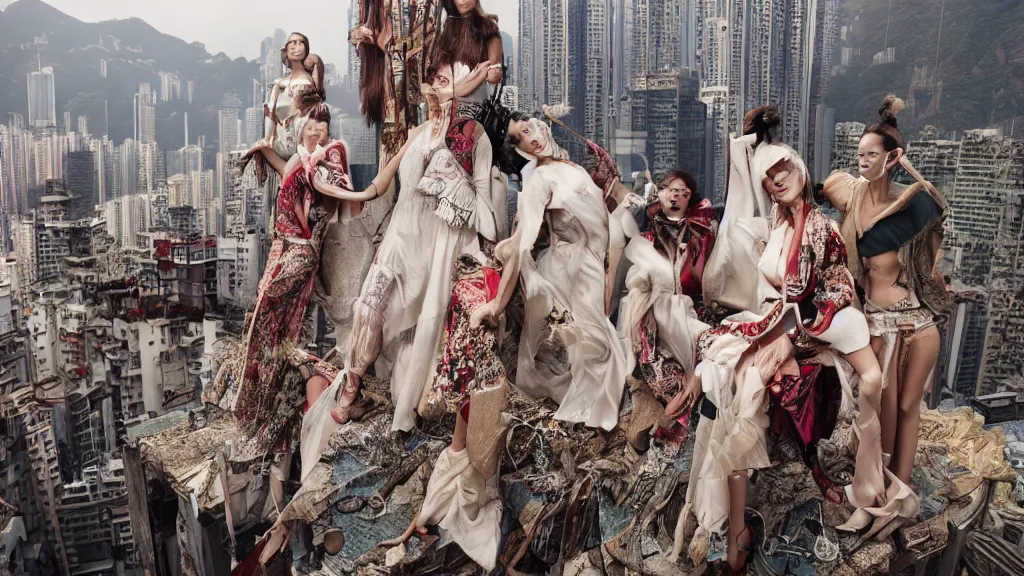Prompt: fashion editorial by jimmy nelson. on a roof, in hong kong