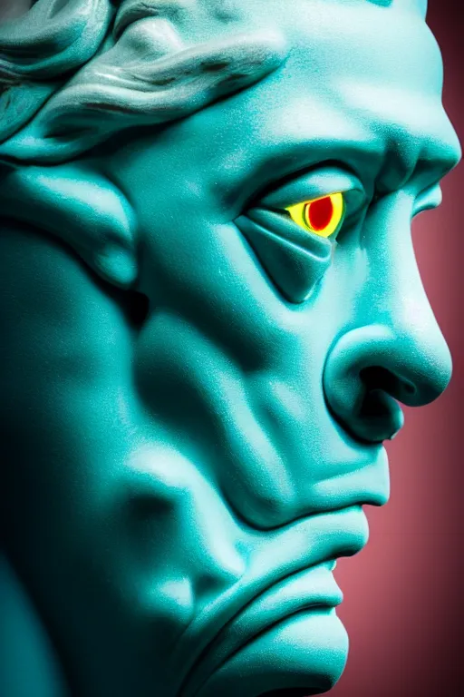 Image similar to hyperrealistic profile rococo human face with neon blue eyes and mechanical mouth Stanley Artgermm very soft teal lighting wide angle 35mm shallow depth of field 8k