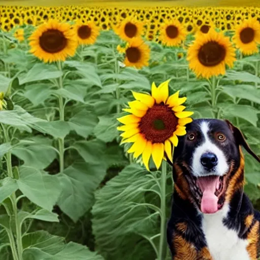 Prompt: A happy dog with floppy ears running through a field of sunflowers