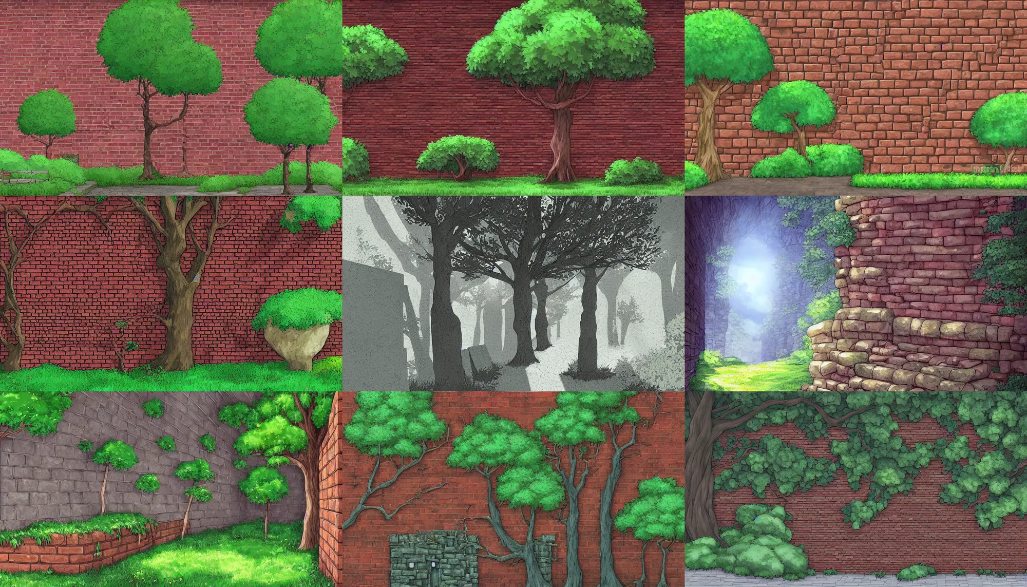 Prompt: a brick stone wall, trees cast shadows on the wall, studio ghibli, anime, digital art