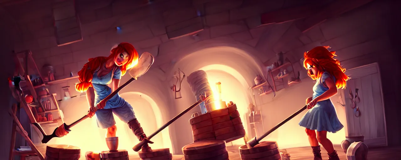 Image similar to blacksmith cute girl hitting with a hammer, anvill, epic digital art illustration, wide angle, masterpiece, dynamic wide perspective, anatomy skills, outstanding detail, illustration, colorgrading, LUTs, octane render, redshift, simulation, great composition by sixmorevodka studio