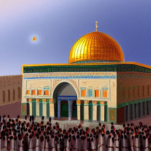 Image similar to a beautiful illustration of dome of the rock jerusalem and f a muslim is praying in front of it, digital art, trending on artstation