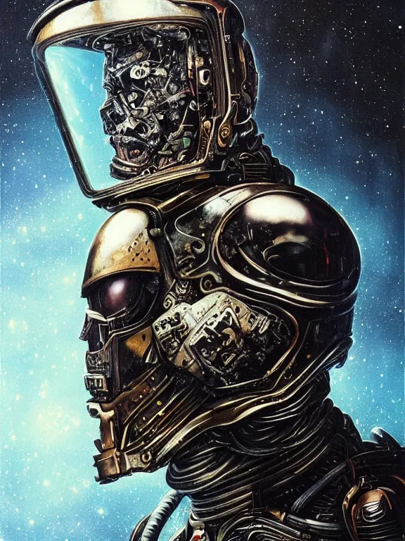 Image similar to art portrait of a chaos space marine, decaying, galaxy reflected in helmet, giger,8k,by tristan eaton,Stanley Artgermm,Tom Bagshaw,Greg Rutkowski,Carne Griffiths, Ayami Kojima, Beksinski, Giger,trending on DeviantArt,face enhance,hyper detailed,minimalist,cybernetic, android, blade runner,full of colour,