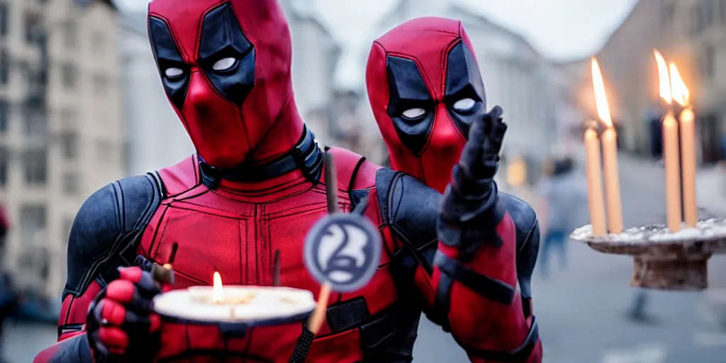 Prompt: still film, deadpool coming out of a birthday cake in bergen norway, holding candles in his fingers, high resolution