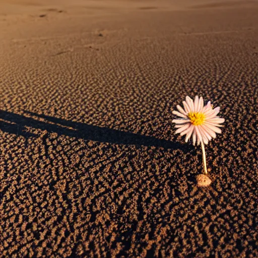 Prompt: a single small pretty desert flower blooms in the middle of a bleak arid empty desert, next to a topaz gem on the ground, background sand dunes, clear sky, low angle, dramatic, cinematic, tranquil, alive, life.