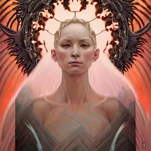 Image similar to A Pixel Art portrait of A beautiful!!!! angel in black flames by Ross Tran!! and alphonse mucha and greg rutkowski! and Zdzisław Beksiński!!,In style of digital art.Symmetrical face.dark Fantasy,smooth,hyper detailed,sharp focus,Soft light.4k