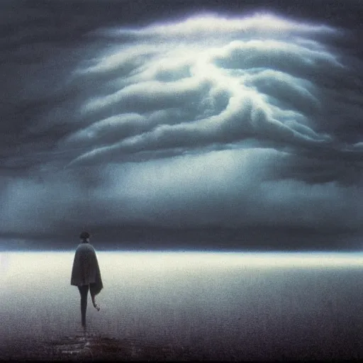 Image similar to killua zoldyck made by zdzisław beksinski, thunderstorm, 8 k, detailed, cinematic, rain, crying, black