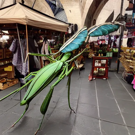 Image similar to Photorealistic human-sized Mantis religiosa shipping in medival street market