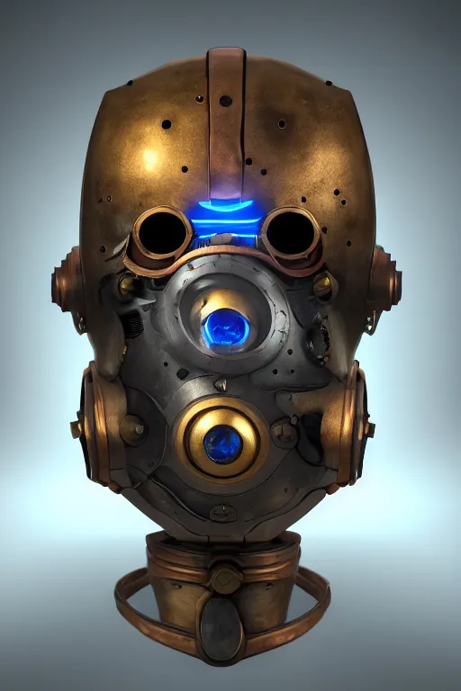 Image similar to steampunk mask minimalist fantasy art robot ninja helmet, global illumination ray tracing hdr fanart arstation by sung choi and eric pfeiffer and gabriel garza and casper konefal radiating a glowing aura