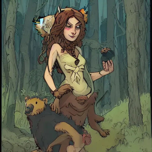 Image similar to character design of a young, beautiful earth witch in wooded forest : : 1, with bear companion, mike mignola style, comics, beautiful composition, wide angle, colorful, cinematic, volumetric lighting, intricate details