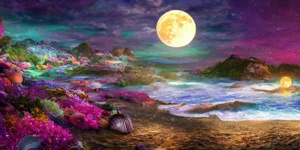 Image similar to a single glittering fairy beach cove at night full of crystals and magical glowing sea shells along the shore, a full moon, water and colorful flowers, extremely detailed oil painting, unreal 5 render, fantasy digital art, octane render, beautiful composition, trending on artstation, award-winning photograph, masterpiece