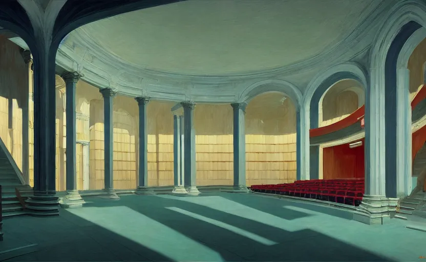 Prompt: Inside a Opera house, very coherent, painted by Edward Hopper, Wayne Barlowe, painted by James Gilleard, airbrush, art by JamesJean