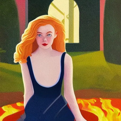 Prompt: Elle Fanning, head and shoulders masterpiece, in hell, golden hour, in a garden, artstation, in the style of Art Deco and Edward Hopper and Bosch, extremely detailed