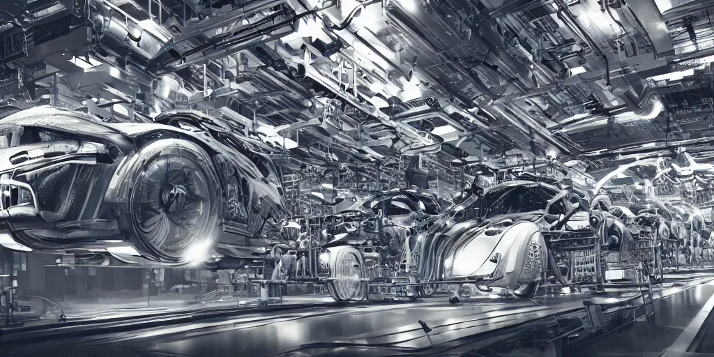 Prompt: carbon fiber automobile production line of hydrogen power energy, science fiction, beautiful, cinematic lighting, intricate details, octane rendering, trending on artstation, featured on behance.