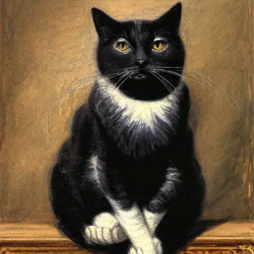 Image similar to elegant painting of a gorgeous regal black and white cat holding up one paw, in a castle, in the style of eugene de blaas