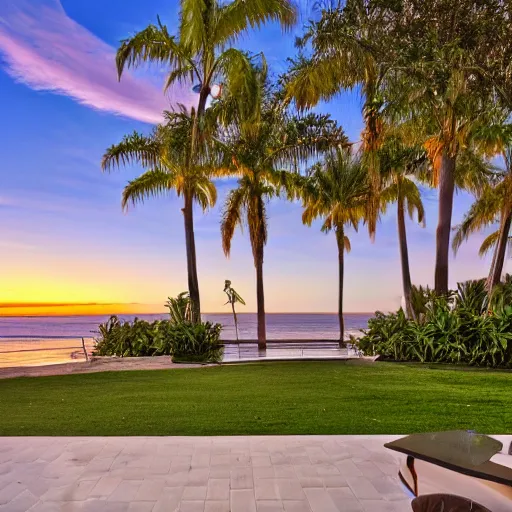 Prompt: palm beach beachfront villa, sunset light los angeles