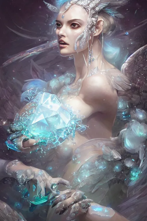 Image similar to beautiful turtle wearing crystal white feathers, diamonds, angel, fantasy, dramatic lighting, highly detailed, digital painting, holding ice, magic the gathering, hyper detailed, 3 d render, hyper realistic detailed portrait, peter mohrbacher, wlop, ruan jia