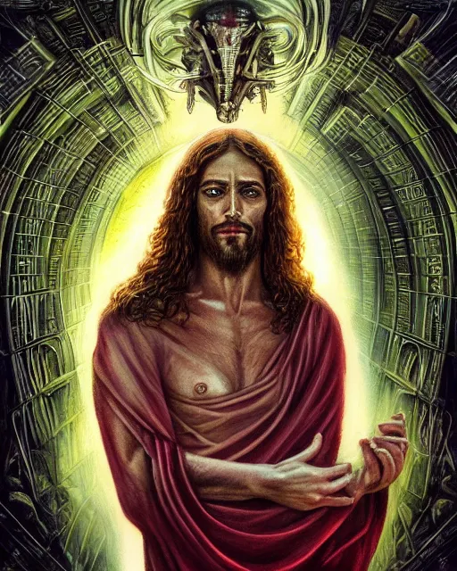 Image similar to jesus christ in a supermarket, by antonio j. manzanedo, giger, alex grey, android jones, wayne barlowe, philippe druillet, raymond swanland, cyril rolando, josephine wall, harumi hironaka, trending on artstation