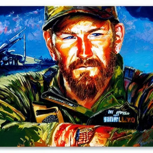 Image similar to chris kyle by leroy neiman, intricate, ultra detailed painting, atmospheric lighting, golden hour