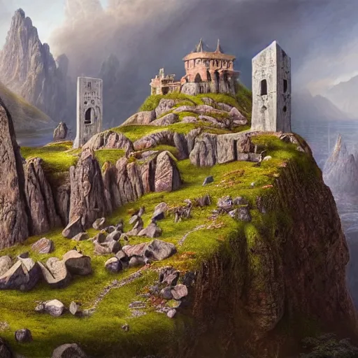 Image similar to a beautiful and highly detailed matte painting of a colorful yet humble viking temple and fort built of large stones in the distance high in the most epic mountains ever, intricate details, epic scale, insanely complex, 8 k, sharp focus, hyperrealism, very realistic, by caspar friedrich, greg rutowski, james gurney, hudson river school