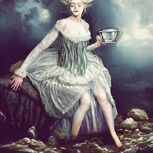 Image similar to A 18th century, messy, silver haired, (((mad))) elf princess (similar to young Kate Winslet), dressed in a ((ragged)), wedding dress, is ((drinking a cup of tea)). Everything is underwater and floating. Greenish blue tones, theatrical, (((underwater lights))), high contrasts, fantasyconcept art, inspired by John Everett Millais's Ophelia