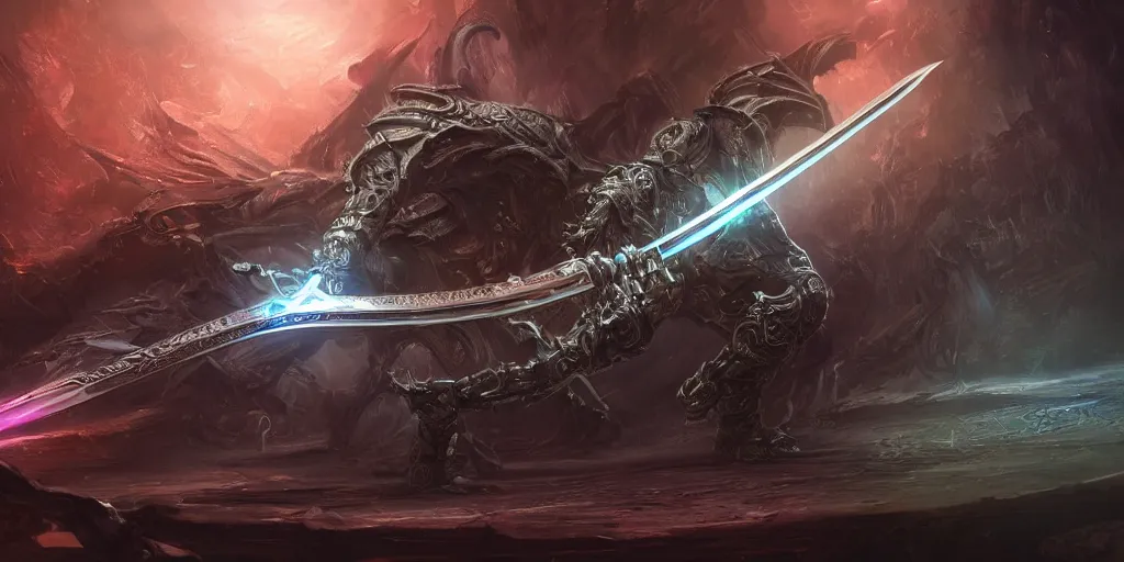 Prompt: legendary cybernetic full long sharp sword lying flat on a glowing table with a black and iridescent sword blade, digital award winning hd matte painting, intimate dark moody, intricate, ornate spikes, colorful hilt, detailed realistic, raytraced blade, colored gems, future golden technological pommel, in the style of greg rutkowski and krenz cushart, deviantart