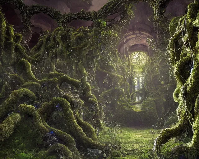 Prompt: The temple of infinite stones, overgrown with vines and moss, thick and rich vines hanging down from the ceiling of the temple, lush plants, amazing scale and lighting, digital art, trending on Artstation