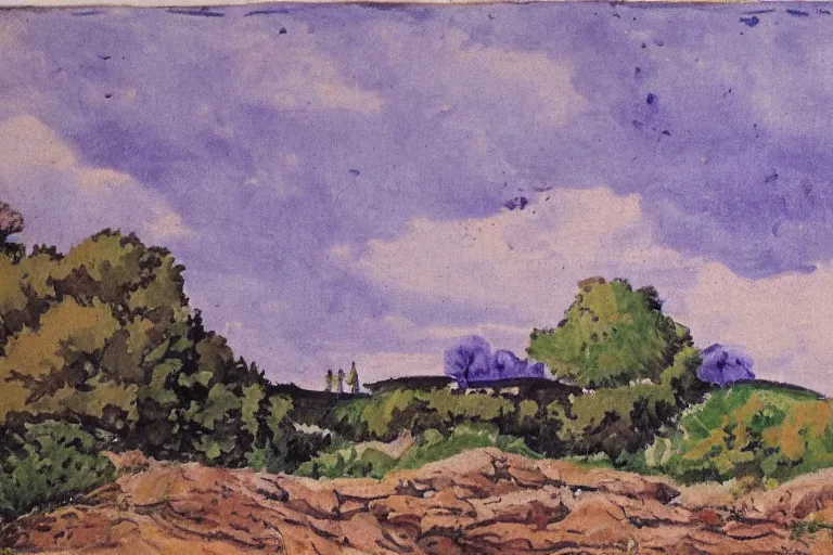 Image similar to Masterpiece of a large Provence landscape, country side and small town, gouache, by Jean Hugo, without canvas, more lavender purple color, more rocks