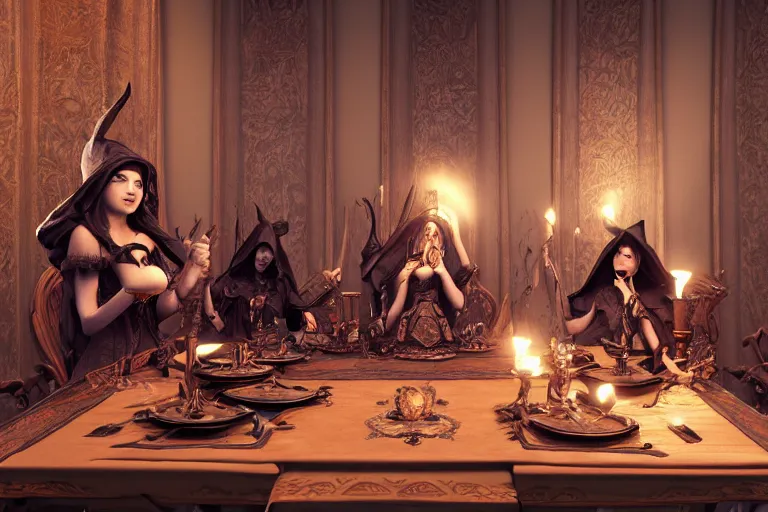 Image similar to dark witches sitting at a table doing a ritual. Ornate details, award winning. Octane render, 4k, 8k, unreal 5, very detailed, hyper control-realism, trending on artstation.”