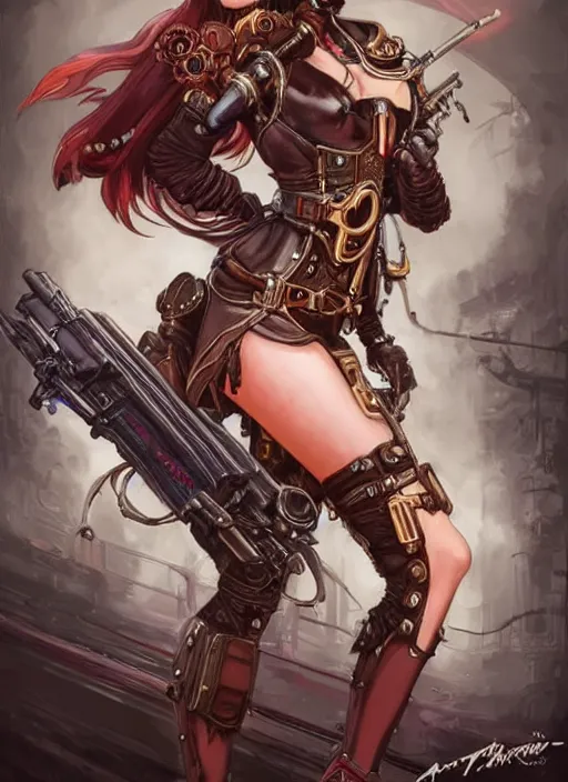 Prompt: front portrait of attractive Lady Mechanika holding a shotgun with both hands, Intrincate background with steampunk imagery , D&D!, fantasy style, sharp focus!, ultra detailed, art by Artgerm and Peter Andrew Jones, WLUP