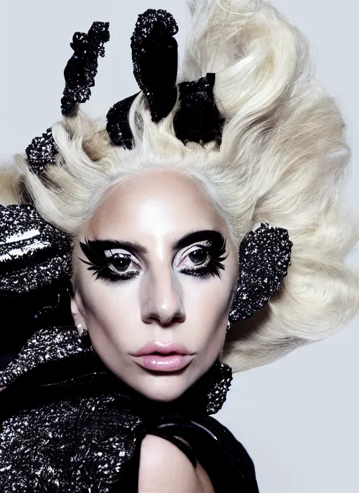 Prompt: lady gaga styled by nick knight posing , high fashion themed, archive pieces, anne leibovitz, vogue magazine, Highly realistic. High resolution. Highly detailed. Dramatic. 8k.4k.